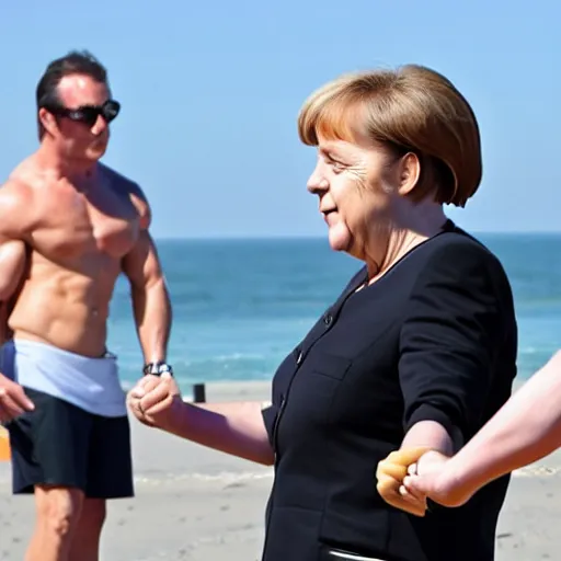 Image similar to angela merkel working out at muscle beach l. a., lots of muscles, good body