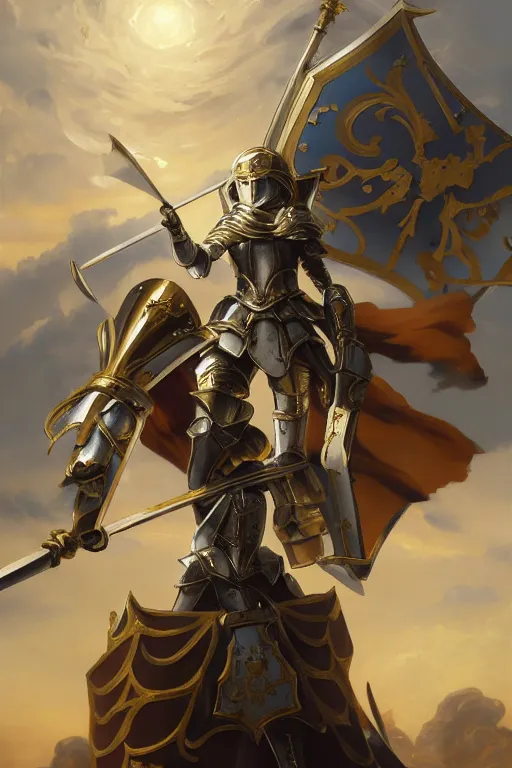 Prompt: baroque oil painting of anime key visual concept art of female knight wearing silver armor with gold trims, holding up a war banner of a great empire, battlefield, trending on artstation, brush strokes, oil on canvas, style of kawacy and makoto shinkai and greg rutkowski and studio ghibli