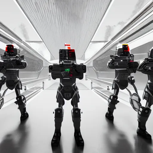Prompt: british royal guard androids firing lasers, futuristic look, highly detailed, photorealistic camera shot, crisp quality and light reflections, in london bridge, futuristic city, ambient occlusion, cinematic lighting, octane render