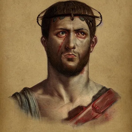 Image similar to self portrait, roman man with battle scar on his chest holding his sword on his shoulder, pencil art, detailed, handsome, colored, bloody