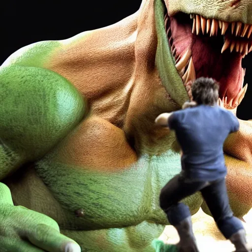 Image similar to hulk eating a dinosaur, behind the scene, 8 k,