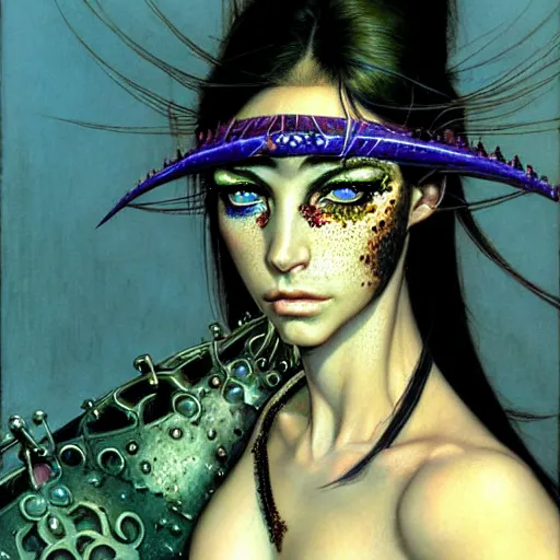 Prompt: an award finning closeup facial portrait by angus mcbride, luis royo and john howe of a very beautiful and attractive bohemian cyberpunk traveller with green eyes and her face full of freckles, clothed in excessively fashionable haute couture musicians gear and wearing vibrant and ornate half - face makeup