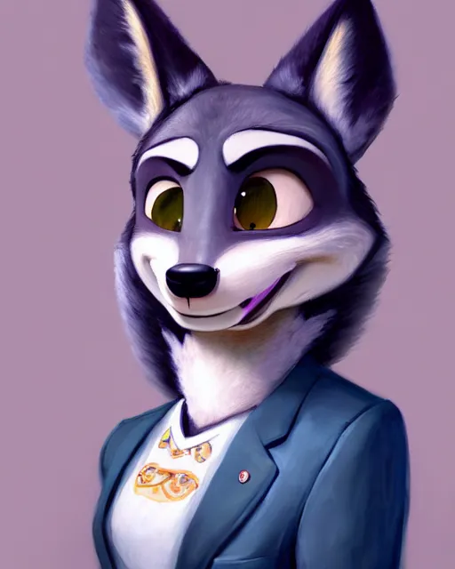 Image similar to beautiful oil painting of anthromorphic female wolf, in style of zootopia, zootopia, zootopia, fursona, furry, furaffinity, 4 k, deviantart, furry art, fursona art, wearing black business suit, business suit, in style of zootopia, wolf fursona, cyberpunk, female, very very expressive detailed feminine face,