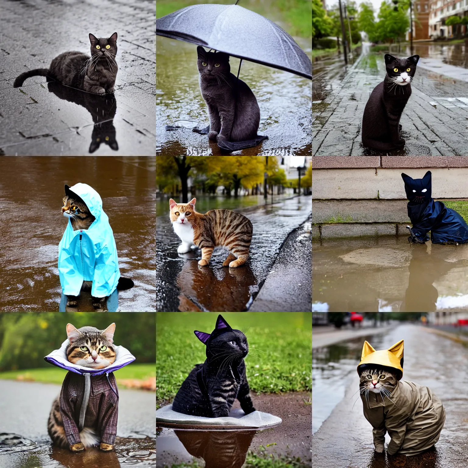 Prompt: cat wearing rain hat and raincoat and sitting in a puddle, rain