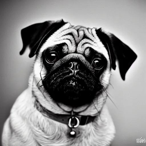 Image similar to portrait of a depressed pug dog with an emo haircut, intricate detail, high contrast, studio photo, well lit,