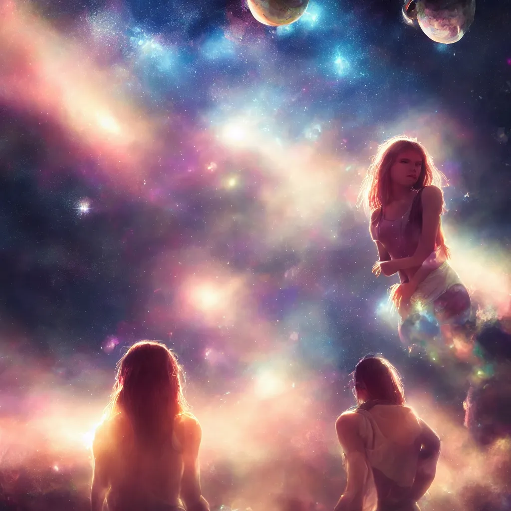 Prompt: the girl in the center looks at space, epic, volumetric light, hyperrealistic, glitter, mega detailed, beautiful composition, beautiful lighting, unreal render, 4 k