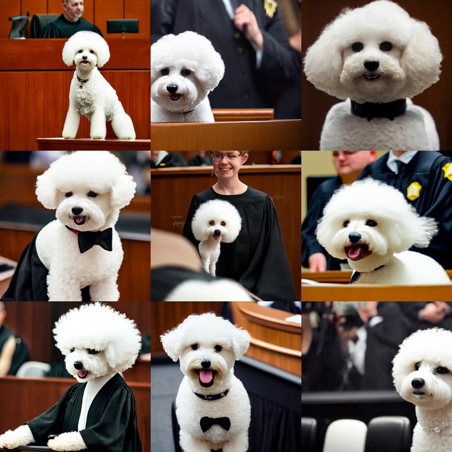 Image similar to a closeup photorealistic photograph of a cute smiling white bichon frise judge wearing a black gown and speaking to the courtroom. this 4 k hd image is trending on artstation, featured on behance, well - rendered, extra crisp, features intricate detail, epic composition and the style of unreal engine.