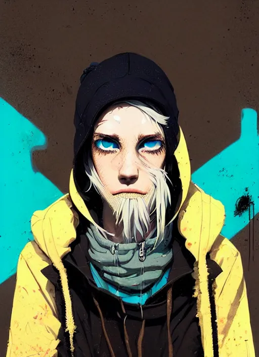 Image similar to highly detailed portrait of a sewerpunk student, blue eyes, hoody, beanie hat, white hair by atey ghailan, by greg rutkowski, by greg tocchini, by james gilleard, by joe fenton, by kaethe butcher, gradient yellow, black, brown and cyan color scheme, grunge aesthetic!!! ( ( graffiti tag wall background ) )