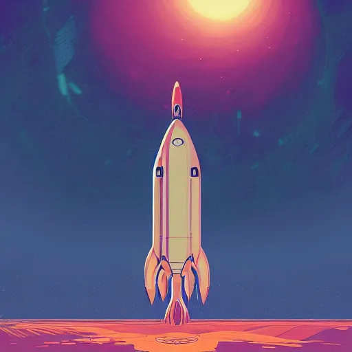 Prompt: A rocketship about to land on an unfamiliar planet, super cool rocket, Acrylic Paint, Concept Art, Digital Art, 16-bit RGB, Global Illumination, by Kilian Eng, by Yoshitaka Amano