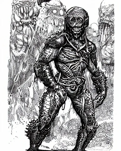 Image similar to a micronaut pharoid, full body, pen - and - ink illustration, etching, by russ nicholson, david a trampier, larry elmore, 1 9 8 1, hq scan, intricate details, monster manula, fiend folio