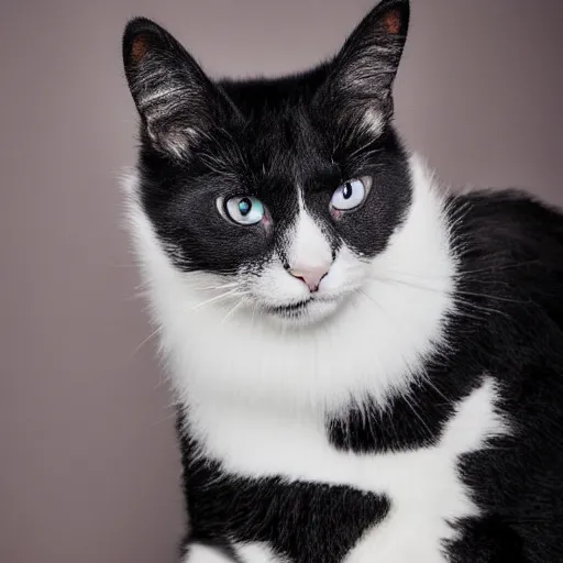 Image similar to fluffy black and white cat portrait, white cheeks, aesthetic highly detailed soft fur and paws, gentle blue eyes, professionally shot photorealistic 8k photograph, 35mm Canon EOS R3, rendered in octane, by Natalie Große and Jason Allison