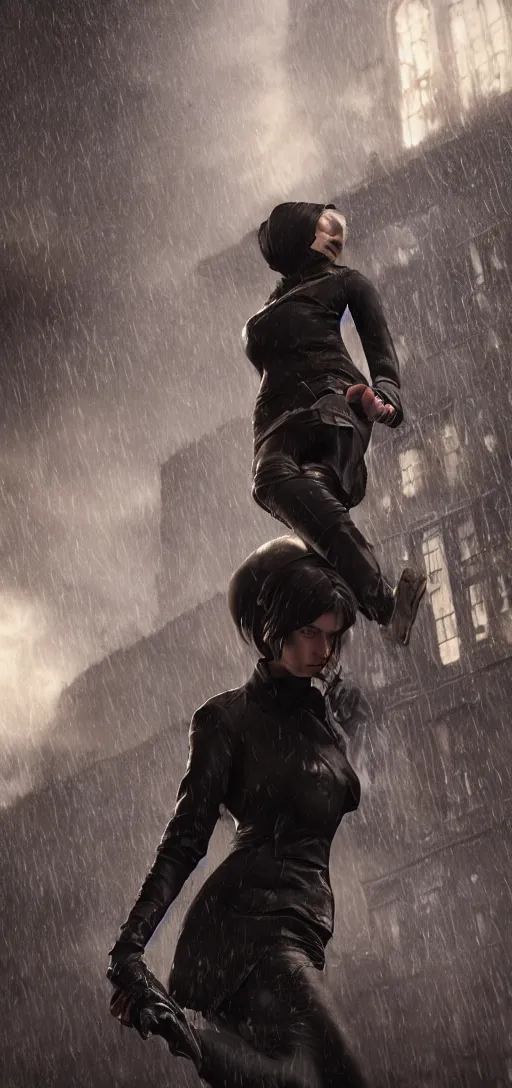 Prompt: professional shot annie leonhart in dunwall city, mid air shot, redshift render, beautiful face, detailed face, cinematic lighting, rainy weather, melancholy atmosphere, volumetric light, octane render, dishonored 1, gothic architecture, realistic reflections, octane render 8 k, action shot