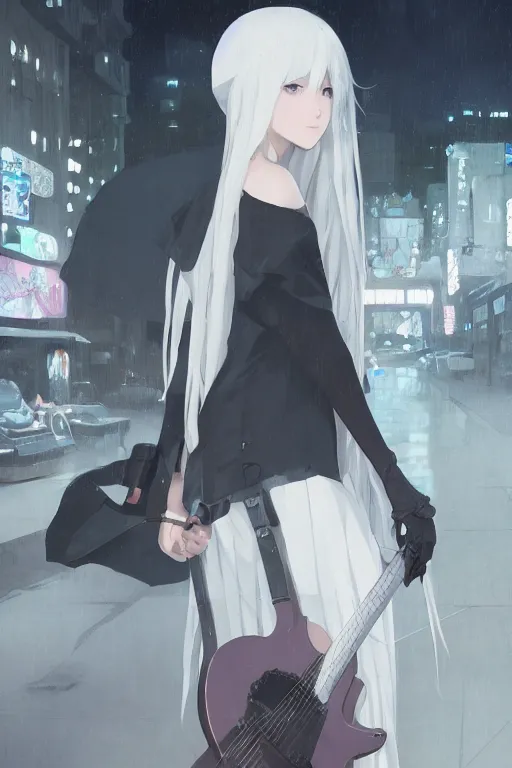 Image similar to a white haired girl with a guitar on her back shopping at a convenience store at night, grey and dark theme, s line, 4 5 angel by krenz cushart and mucha and makoto shinkai and akihito yoshida and greg rutkowski, nier : automata inspired, 4 k resolution