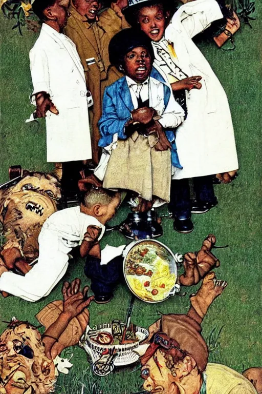 Prompt: Outkast, illustrated in whimsical style, Illustration by Norman Rockwell,