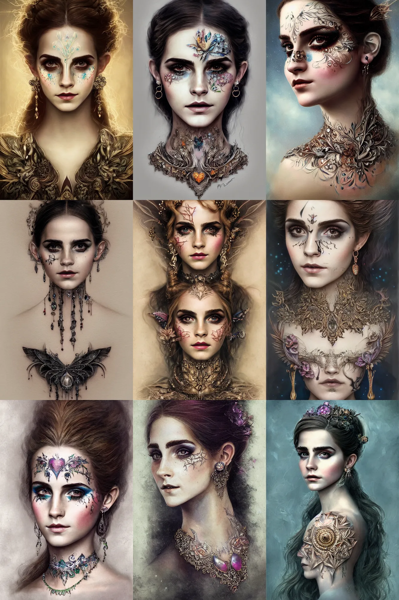 Prompt: portrait of fairy, symmetric, facepaint facepaint facepaint, intricate jewelry, neck jewelry, earrings, trending on artstation 4 k, high quality, in the style of karol bak and tom bagshaw, bust with face of emma watson, tattoos