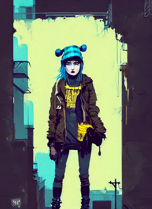 Image similar to highly detailed portrait of a sewerpunk lady student, blue eyes, tartan hoody, hat, white hair by atey ghailan, by greg rutkowski, by greg tocchini, by james gilleard, by joe fenton, by kaethe butcher, gradient yellow, black, brown and cyan color scheme, grunge aesthetic!!! ( ( graffiti tag wall background ) )