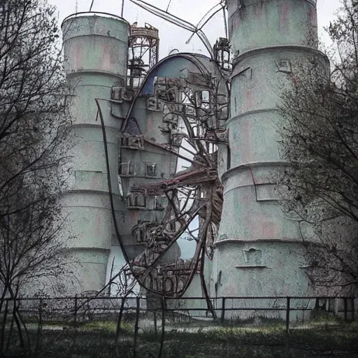 Prompt: a girl in chernobyl!!! disneyland castle made of reactor concrete blocks!! silent hill!! dark cloudy, atmospheric, foggy, wide angle