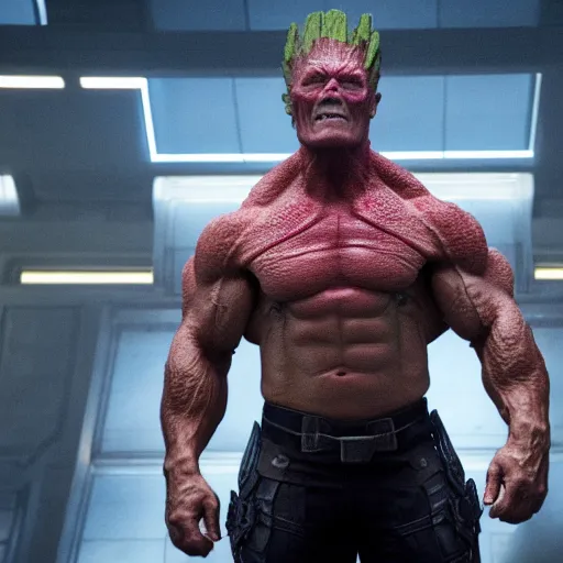 Image similar to film still of Arnold Schwarzenegger as Drax in Guardians of the Galaxy