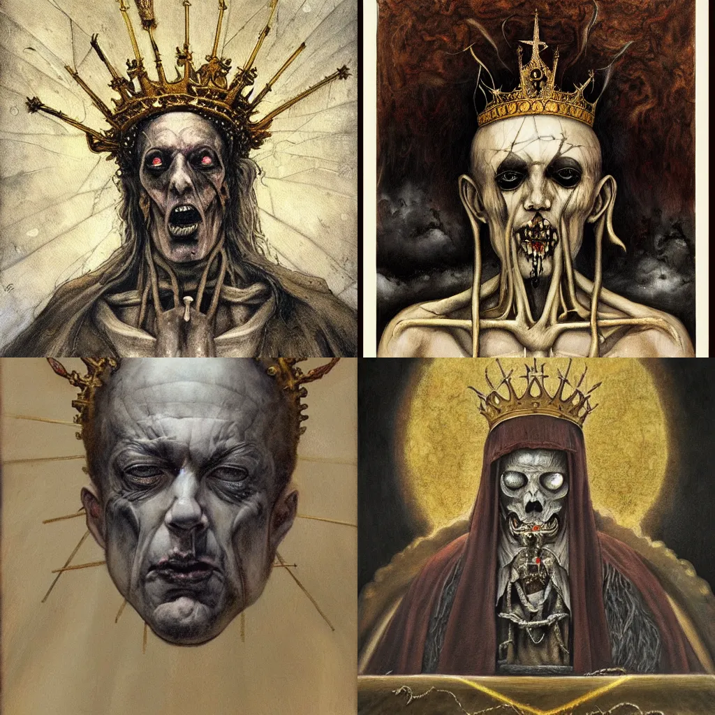 Prompt: a painting of a portrait of the high pontifex of pain with a crown on his head, golden halo, a detailed painting by santiago caruso, featured on pixiv, gothic art, apocalypse art, antichrist, grotesque, elder, skin, gouache, sinew