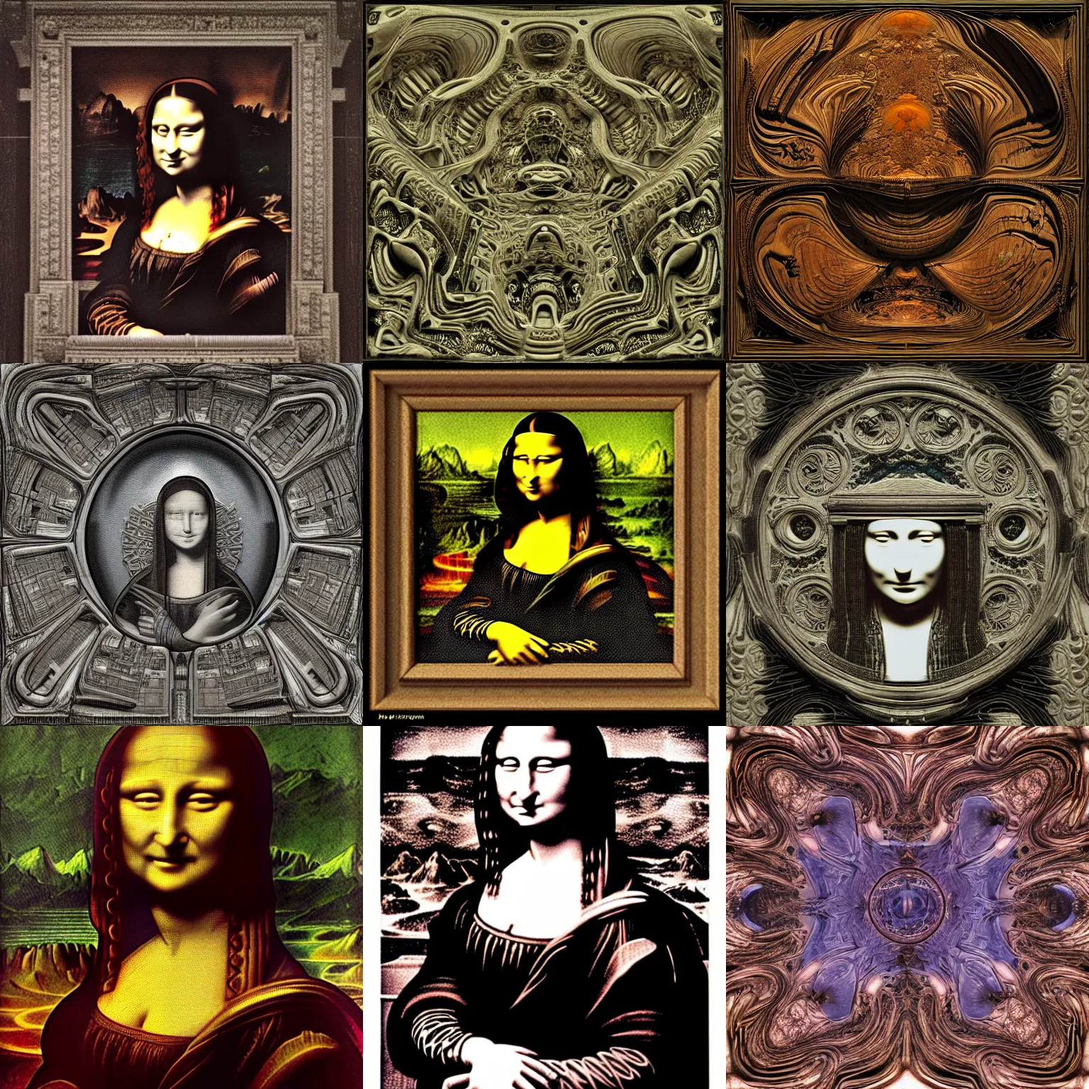 Prompt: giger, h. r. - mona lisa, mandelbulb pattern