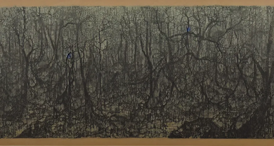 Prompt: A dense and dark enchanted forest with a swamp, by Zeng Fanzhi