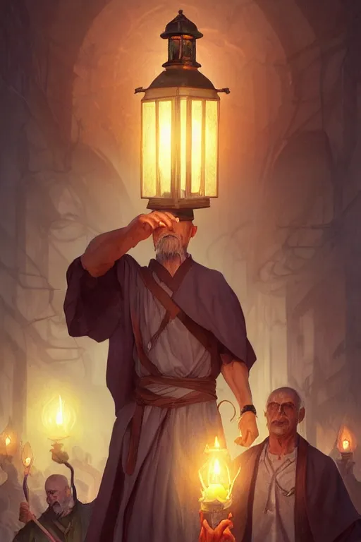 Image similar to male senior cleric holding a lantern surrounded by zombies, highly detailed, digital painting, artstation, concept art, smooth, sharp focus, illustration, art by artgerm and greg rutkowski and alphonse mucha and andrei riabovitchev