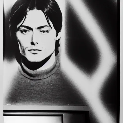 Prompt: stunning symmetrical portrait of alain delon in front of a ( ( ( tall moog synthesizer ) ) ), high contrast grainy blank and white photography print ilford warm tone