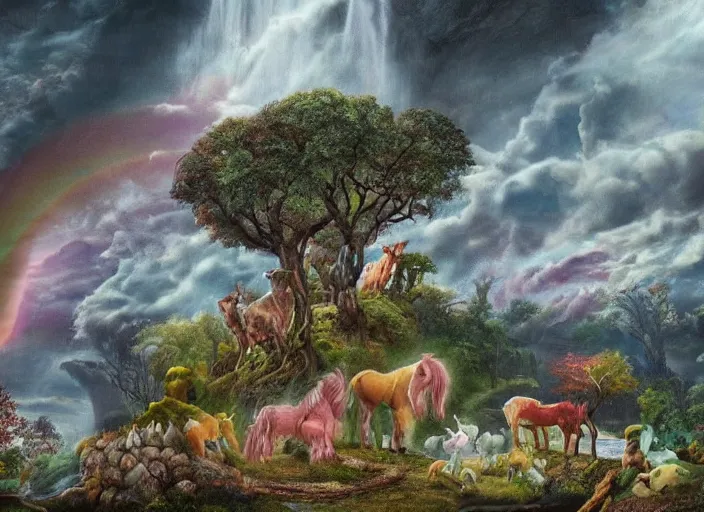 Image similar to unicorns in an autumnal landscape, river and waterfalls, pretty tree with fruits, tormented sky with rain in the background, immaculate horns, little pixies and goblins playing, inspired by clark amanda