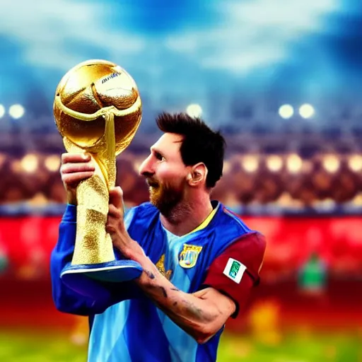 Image similar to super realistic and detailed photo of Lionel Messi lifting the World Cup, wearing the Argentina football team jersey, background out of focus,
