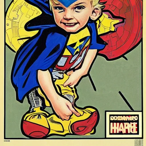 Image similar to a cute little boy with a mischievous face and blonde hair. he is dressed as a superhero. well composed, clean elegant painting, beautiful detailed face. comic book art by steve ditko and jack kirby and ( alphonse mucha )