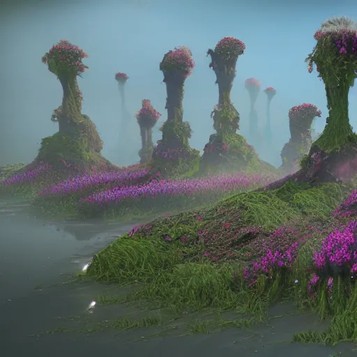 Image similar to a flowering alien landscape in the style of midjourney, 8 k, unreal engine, zbrush,