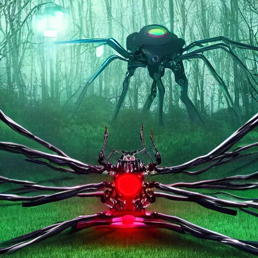 Prompt: a giant robot spider with wings and a single glowing red eye in the middle of an ethereal forest, lots of wires, demonic