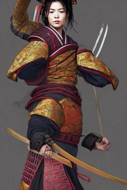 Prompt: full body photo of a gorgeous young woman wearing a japanese samurai outfit in the style of stefan kostic, realistic, sharp focus, 8k high definition, insanely detailed, intricate, elegant, art by stanley lau and artgerm