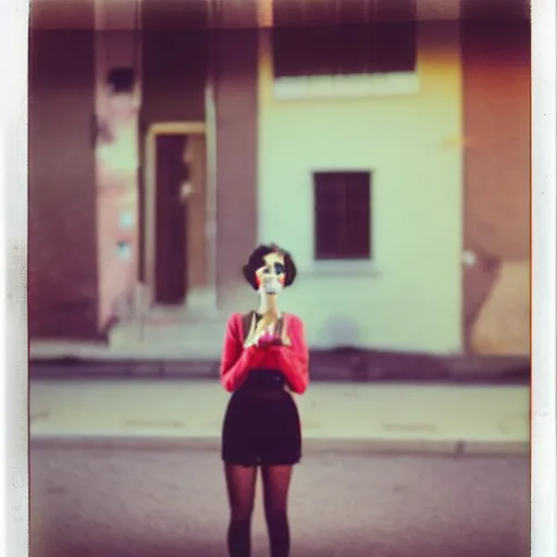 Prompt: colorful instant photograph of a short hair woman smoking in the street, leaning on the wall, polaroid, light leak, raw, nostalgic