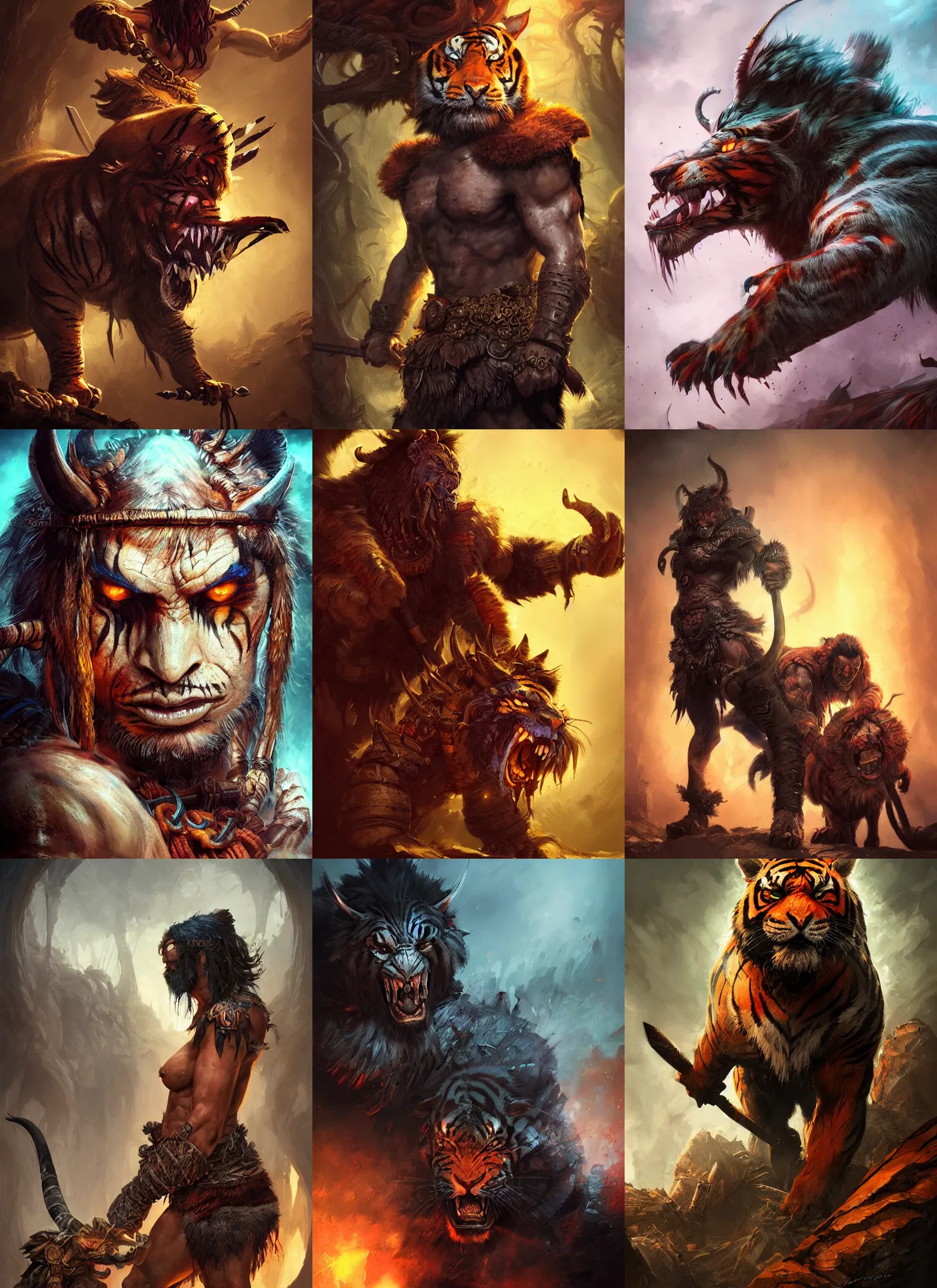 Prompt: barbarian tiger, vivid colors, dark shadows, contrast, concept art, sharp focus, digital art, Hyper-realistic, 4K, Unreal Engine, Highly Detailed, Dramatic Lighting, Beautiful, by Brom, bastien lecouffe-deharme