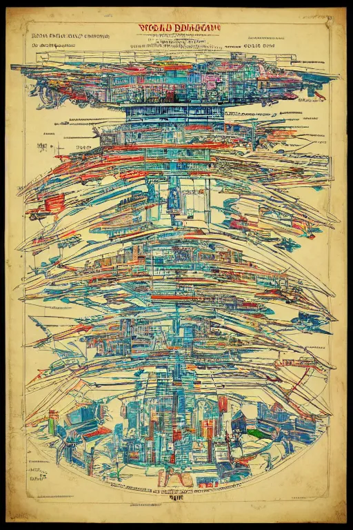 Prompt: colorful blueprint for world destruction, epic composition, labeled diagrams, high detail, high contrast illustrations