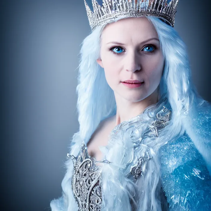 Prompt: professional photograph of a beautiful ice queen with intricate crown and cloak. Extremely detailed. 8k