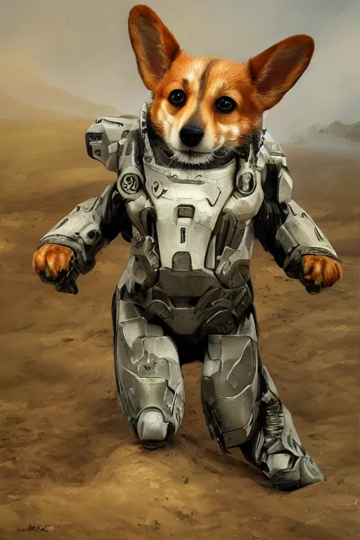 Image similar to master chief as a corgi, oil on canvas, intricate, portrait, 8 k highly professionally detailed, hdr, cgsociety