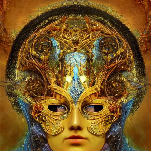 Image similar to Divine Chaos Engine, as a Venetian Carnivale Mask, by Karol Bak, Jean Deville, Gustav Klimt, and Vincent Van Gogh, celestial, visionary, sacred, fractal structures, ornate realistic gilded medieval icon, spirals