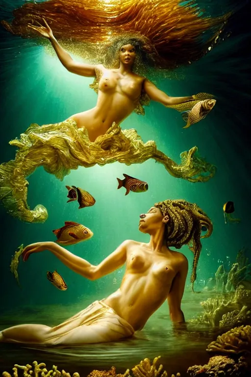 Image similar to hyperrealistic neo - rococo cinematic half underwater scene with fish and algae, very expressive! translucent elegant african goddess getting out of water, gold jewerly, highly detailed face, digital art masterpiece, aykut aydogdu zener, dramatic volumetric light, long shot, low angle uhd 8 k, sharp focus