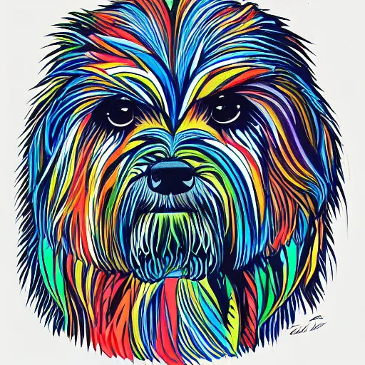 Image similar to tlingit haida lithograph, portrait of havanese dog, simplified forms, multiple colors, print by tristan - wolf reg davidson clifton guthrie maynard johnny jr.