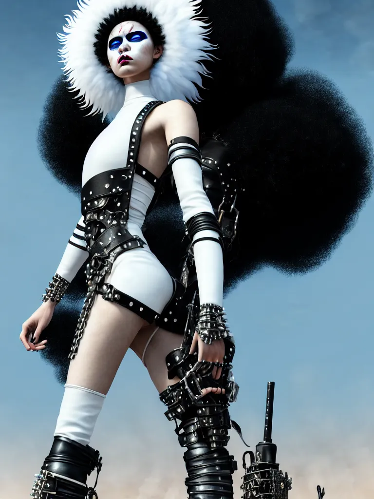 Prompt: one fierce looking beautiful young woman with afro hair and symmetrical white makeup, mad max, black leather straps, wearing intricate bodysuit and headdress made from white bones and black feathers, painted by makoto shinkai, studio ghibli, intricate linework, unreal engine 5 highly rendered, global illumination, radiant light, detailed and intricate environment