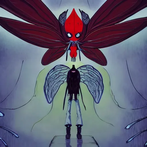 Image similar to 4K headshot of mothman with a mushroom hat and rouch clothes with giant wings , intricate face , flawless anime cel animation by Manabu Oshashi and Satoshi Kon, professionally post-processed , beautiful, scary, symmetry accurate features, epic, octane rendered, anime masterpiece, accurate