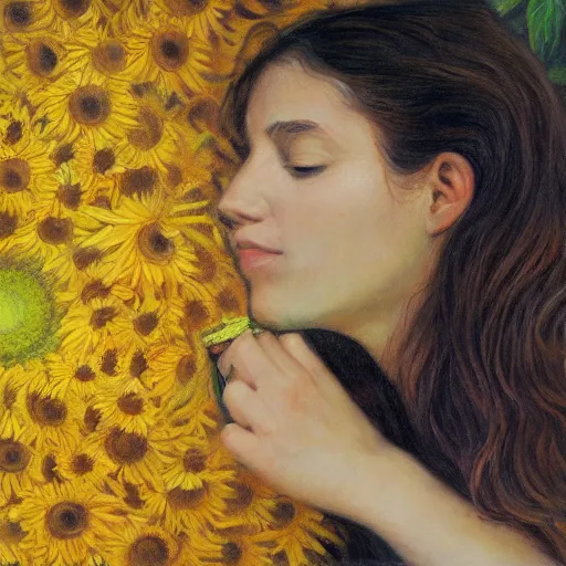 Prompt: a girl smelling one of sunflowers in an amazing tall sunflower field, hair flowing, fog, early morning lightning, subtle, intricate details, real masterpiece, oil on canvas, by franz kafka