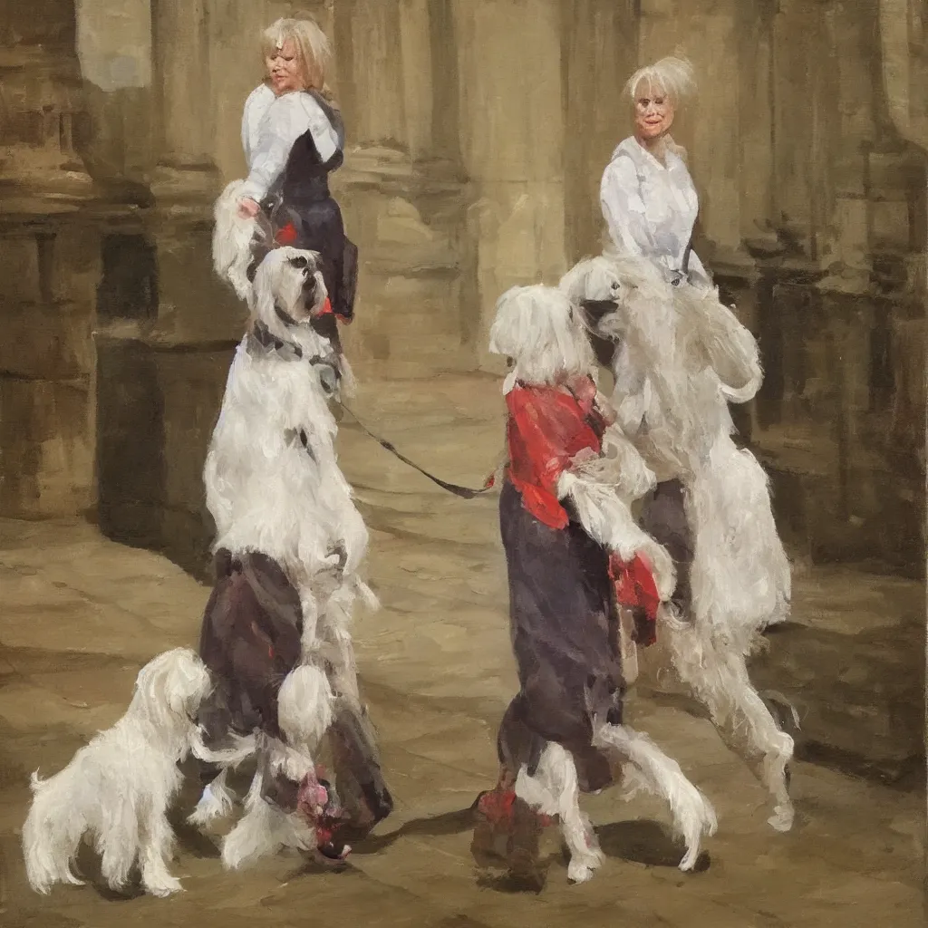 Image similar to A beautiful woman with freckles walking a Maltese Terrier in Buckingham Palace, oil paint on canvas, art,