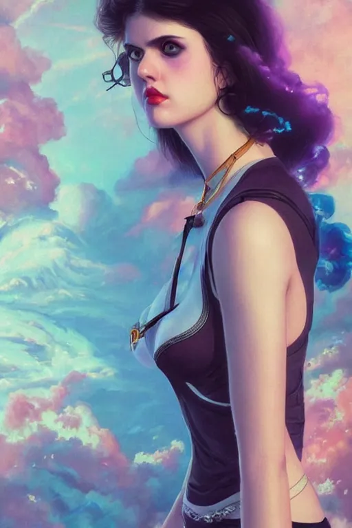 Image similar to alexandra daddario portrait of a vaporwave girl in a cluttered 9 0 s bedroom, by artgerm, tom bagshaw, gerald brom, vaporwave!, vaporwave colors!, lo fi colors, lo fi, 4 k, hd,