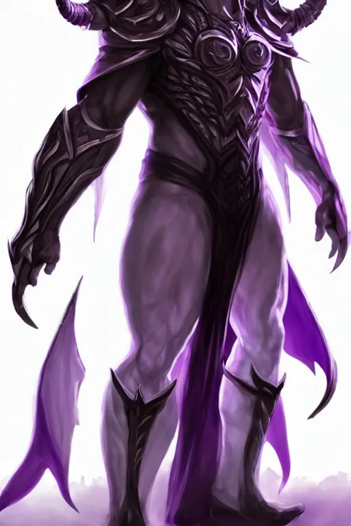 Image similar to human male demon, full body white purple cloak, hero, armor, character concept art, costume design, black eyes, white horns, trending on artstation, Artgerm , WLOP