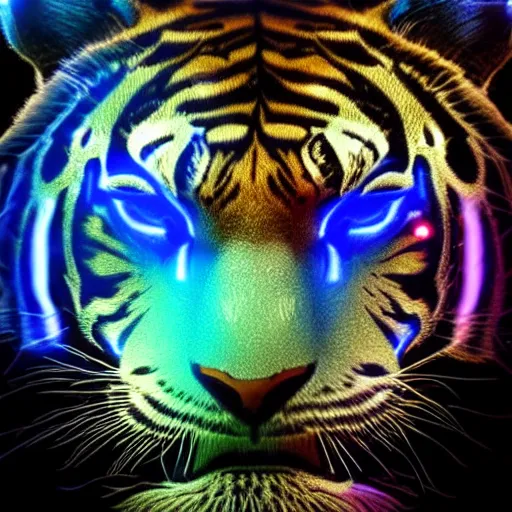 Image similar to cybernetic tiger eye, futuristic, cyberpunk, digital illustration, photo - realistic, macro, extreme details, vivid, neon, dramatic lighting, intricate details