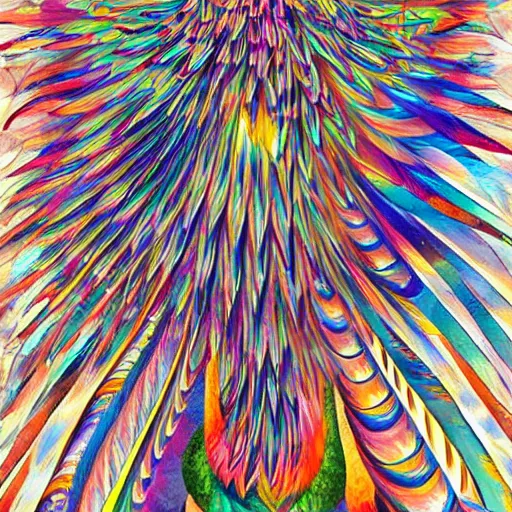 Prompt: A beautiful mixed media art of a large, colorful bird with a long, sweeping tail. The bird is surrounded by swirling lines and geometric shapes in a variety of colors by Klaus Wittmann, by Andy Goldsworthy kaleidoscopic