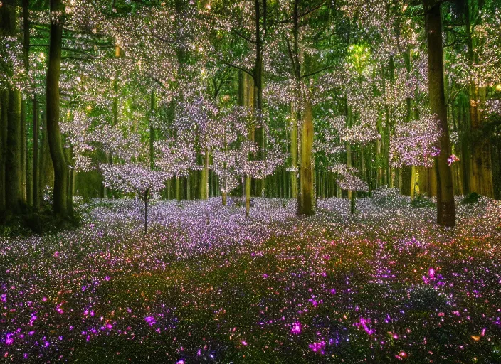 Image similar to a magical forest with crystal flowers that glow in the dusk, low gamma, low exposure ,